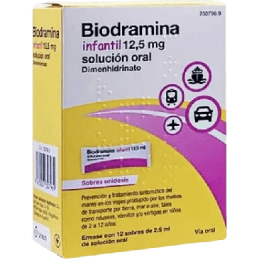 Biodramina Infantil 12,5 MG 12 Sobres Monodosis Solución Oral 2,5ml. Farmacia Llansó