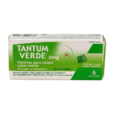 Tantum Verde 3 mg 20 Pastillas para Chupar (Sabor Menta). Alivio del dolor, antiinflamatorio.